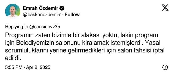 Niğde Belediye Başkanı yaptığı paylaşımla oyuncunun gösterisinin gerçekleşeceği salonun tahsisinin iptal edildiğini belirtti.
