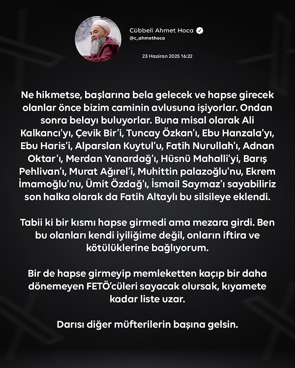 Cübbeli Ahmet’in paylaşımı 👇